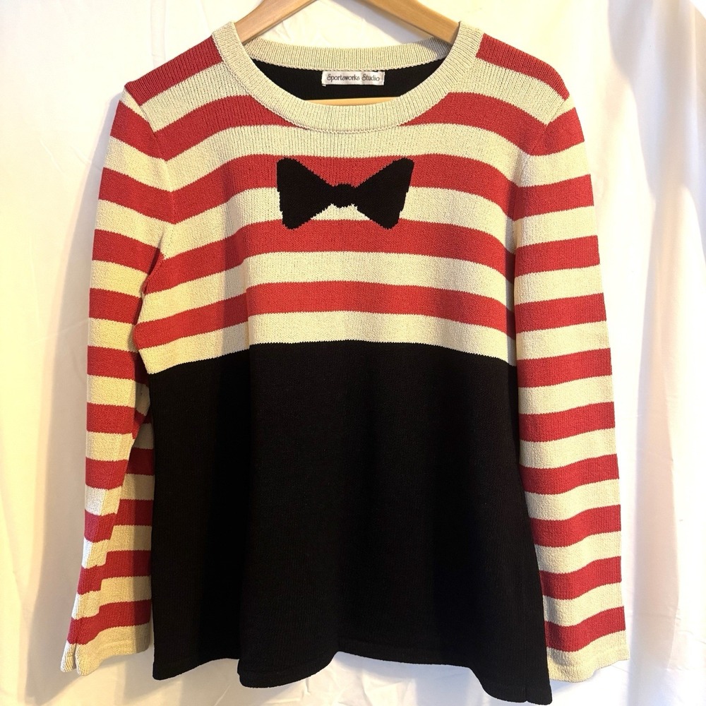 Sportsworks Studio Knit sweater Black Ivory Stripe With Bow Sz L Fairytale Waldo